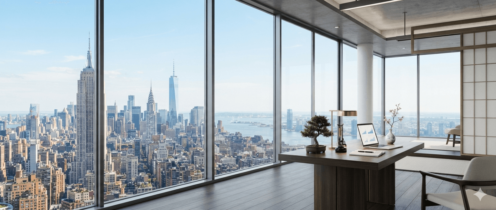 New York skyline viewed from a modern office interior